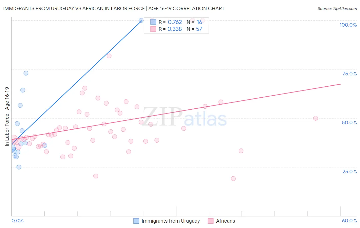 Immigrants from Uruguay vs African In Labor Force | Age 16-19