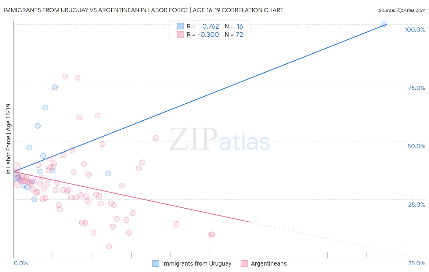 Immigrants from Uruguay vs Argentinean In Labor Force | Age 16-19