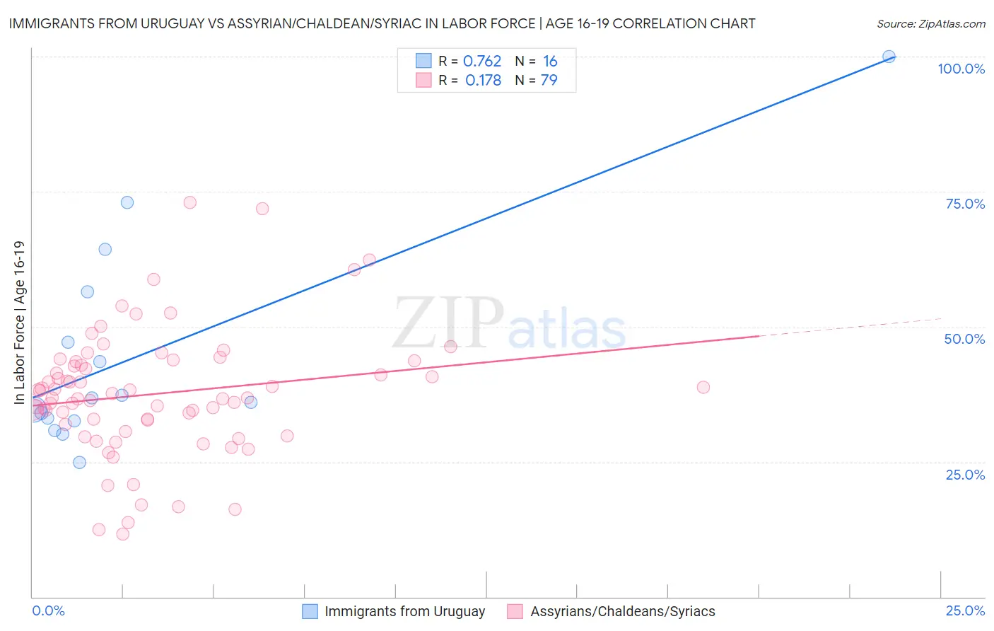 Immigrants from Uruguay vs Assyrian/Chaldean/Syriac In Labor Force | Age 16-19