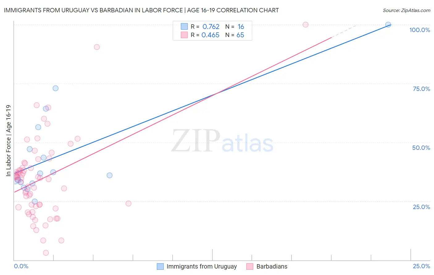 Immigrants from Uruguay vs Barbadian In Labor Force | Age 16-19