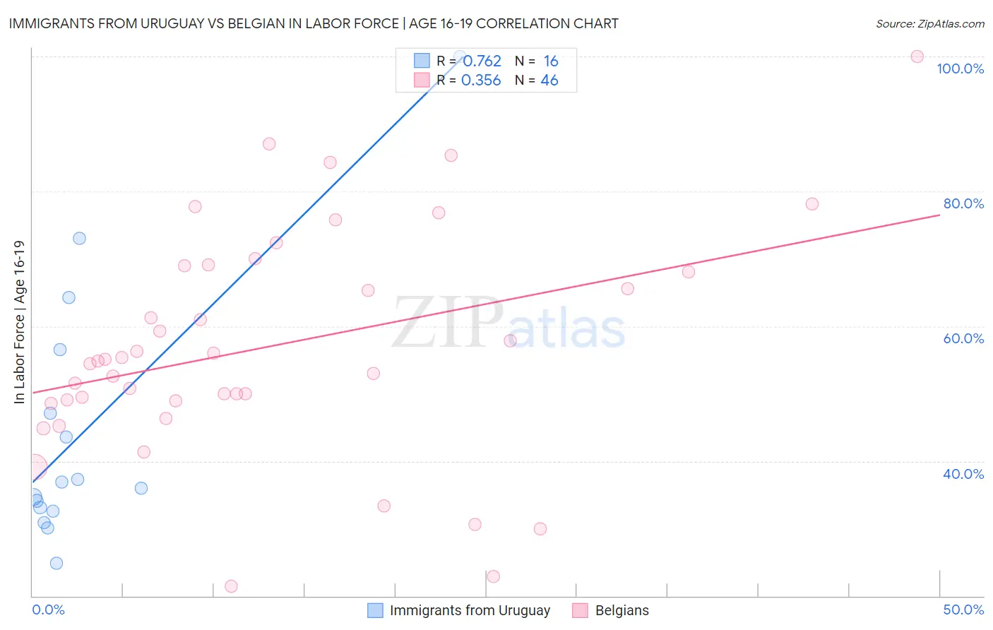 Immigrants from Uruguay vs Belgian In Labor Force | Age 16-19