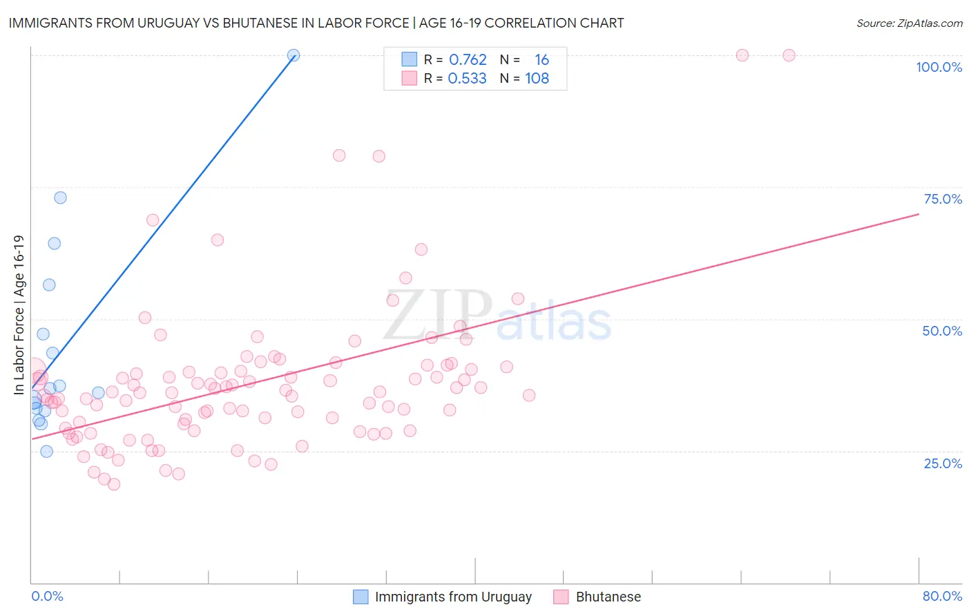 Immigrants from Uruguay vs Bhutanese In Labor Force | Age 16-19