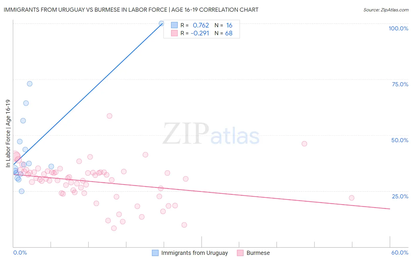 Immigrants from Uruguay vs Burmese In Labor Force | Age 16-19
