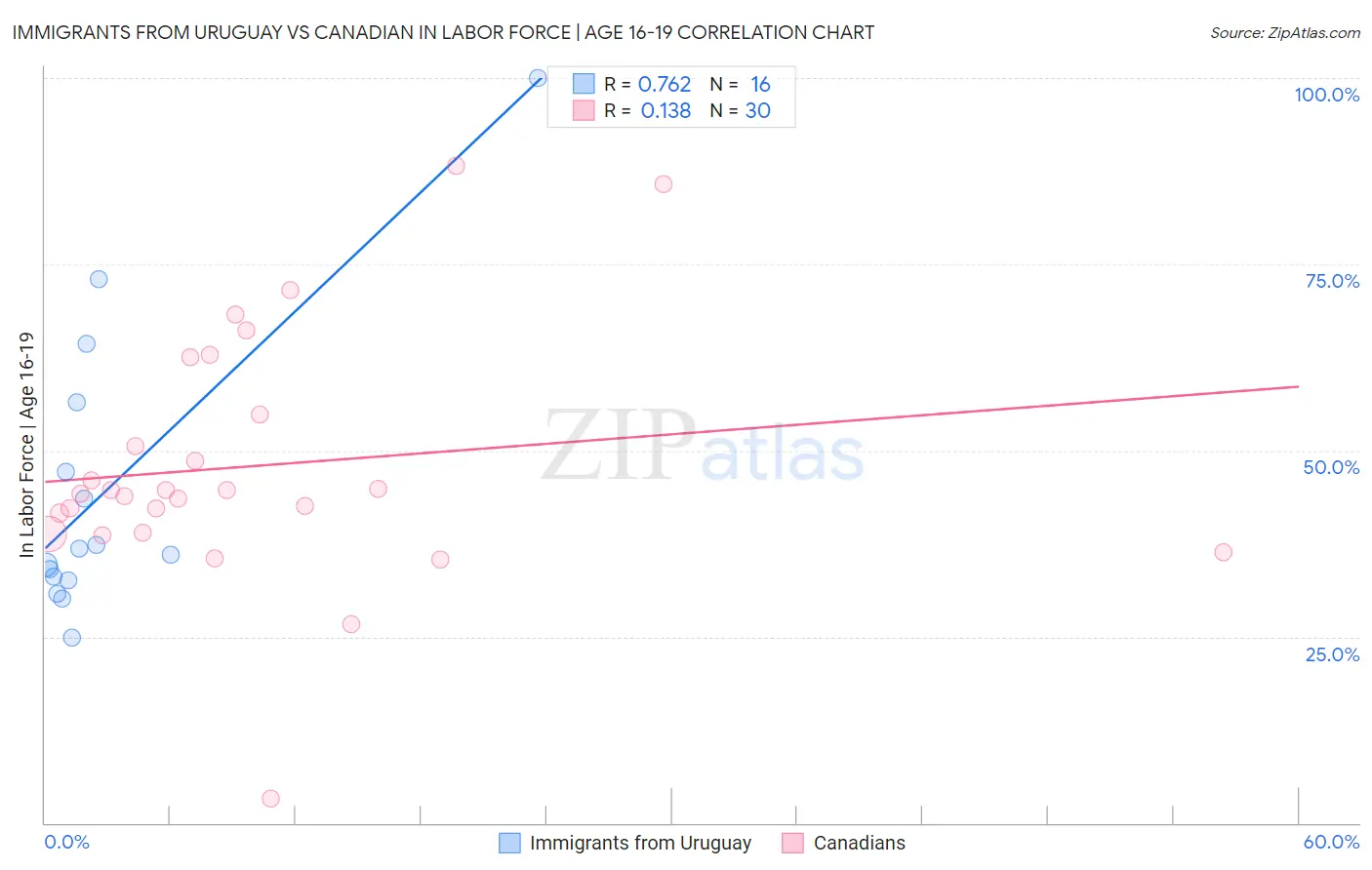 Immigrants from Uruguay vs Canadian In Labor Force | Age 16-19