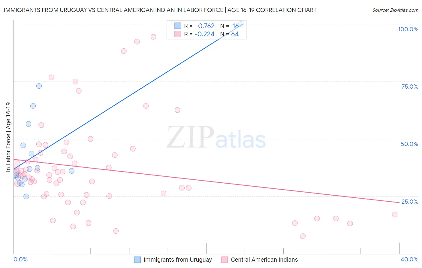 Immigrants from Uruguay vs Central American Indian In Labor Force | Age 16-19