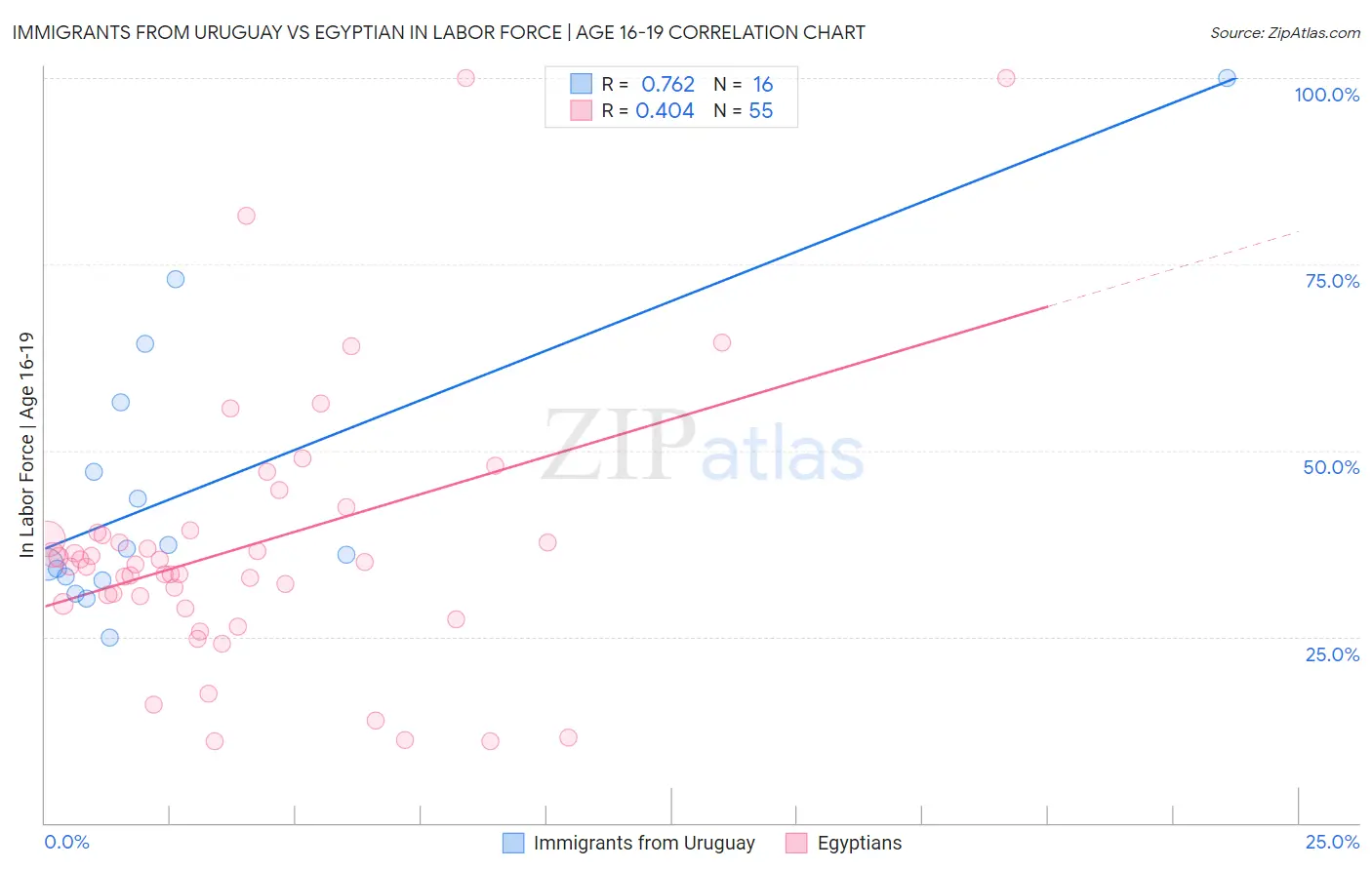 Immigrants from Uruguay vs Egyptian In Labor Force | Age 16-19