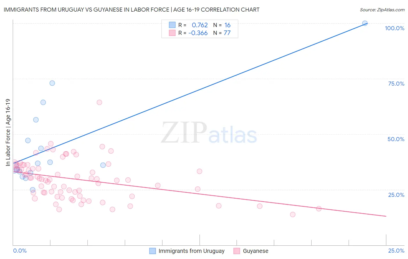 Immigrants from Uruguay vs Guyanese In Labor Force | Age 16-19