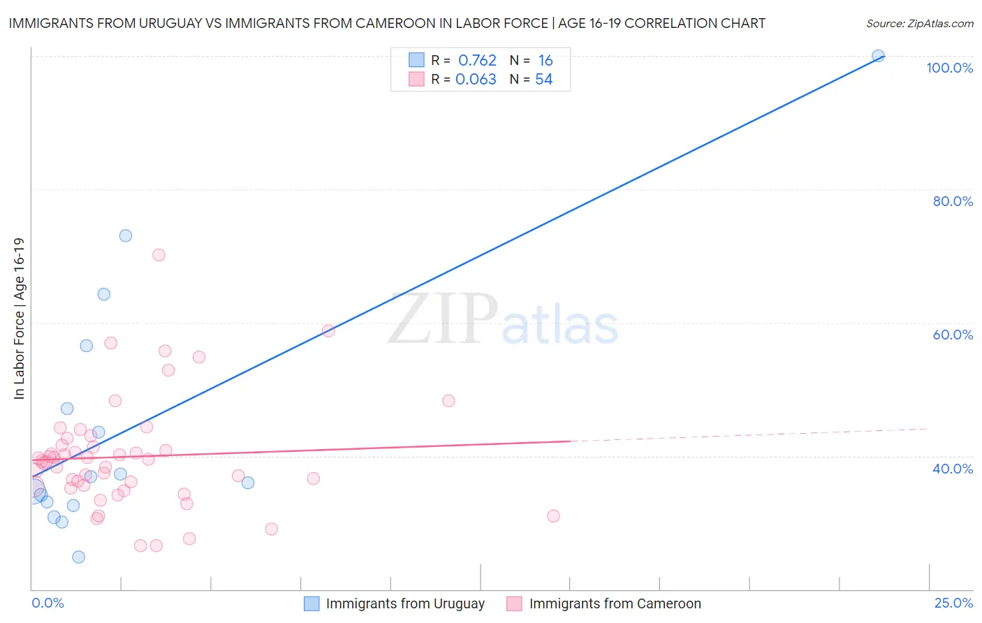 Immigrants from Uruguay vs Immigrants from Cameroon In Labor Force | Age 16-19