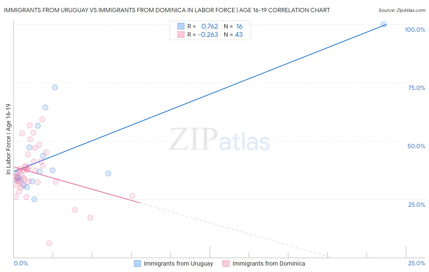 Immigrants from Uruguay vs Immigrants from Dominica In Labor Force | Age 16-19