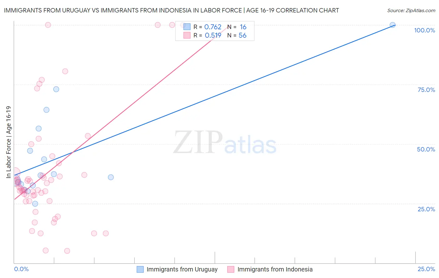 Immigrants from Uruguay vs Immigrants from Indonesia In Labor Force | Age 16-19