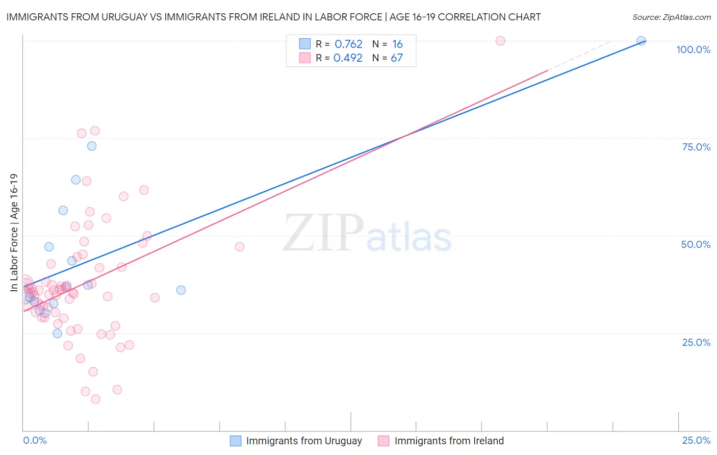 Immigrants from Uruguay vs Immigrants from Ireland In Labor Force | Age 16-19