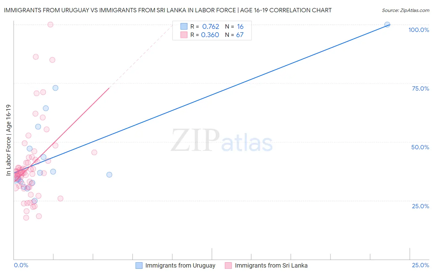 Immigrants from Uruguay vs Immigrants from Sri Lanka In Labor Force | Age 16-19