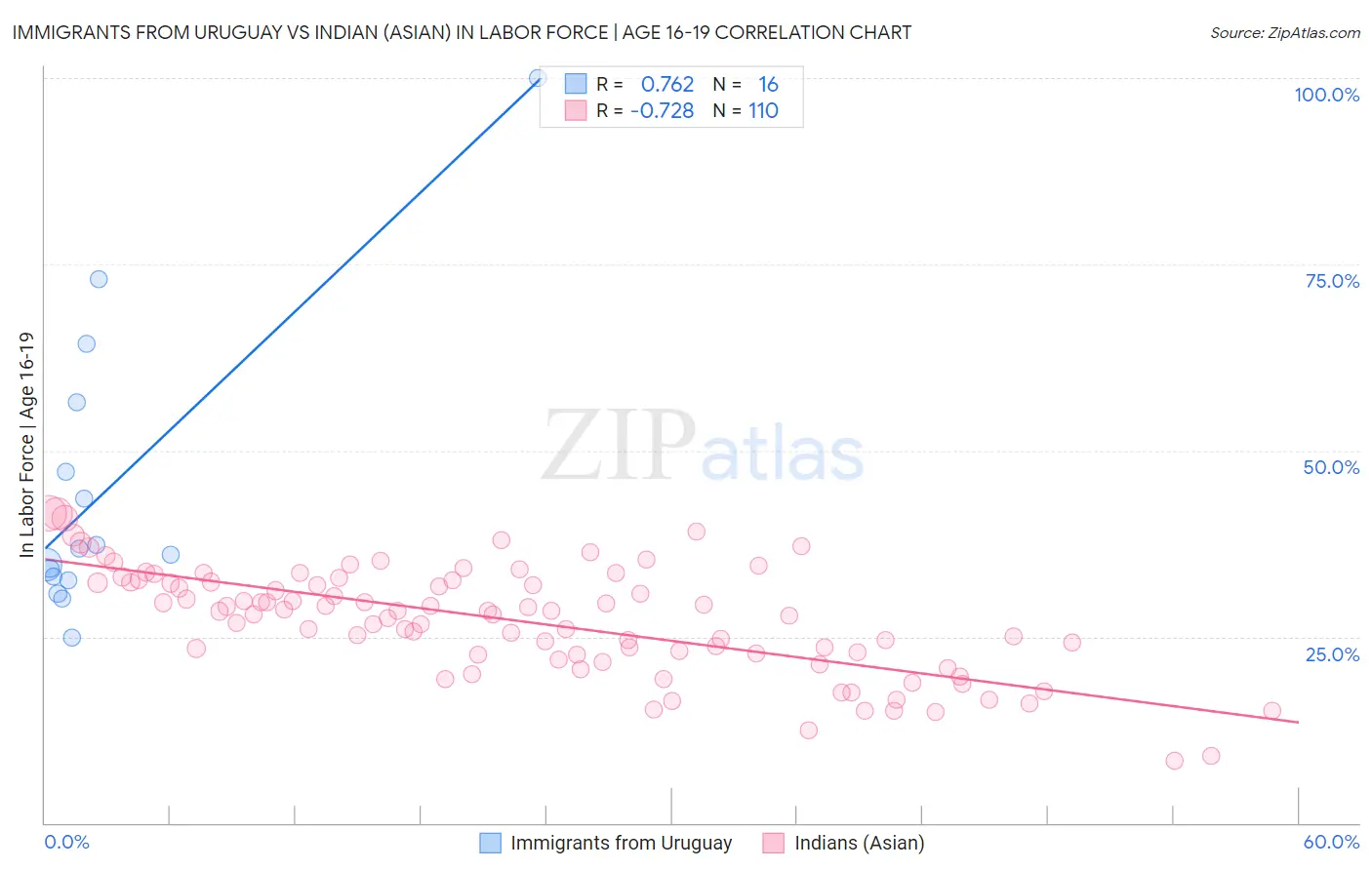 Immigrants from Uruguay vs Indian (Asian) In Labor Force | Age 16-19