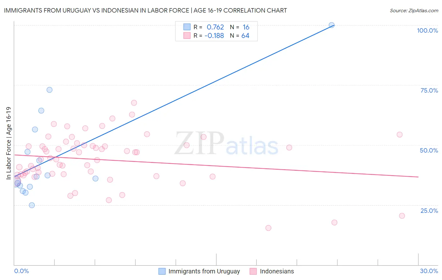Immigrants from Uruguay vs Indonesian In Labor Force | Age 16-19
