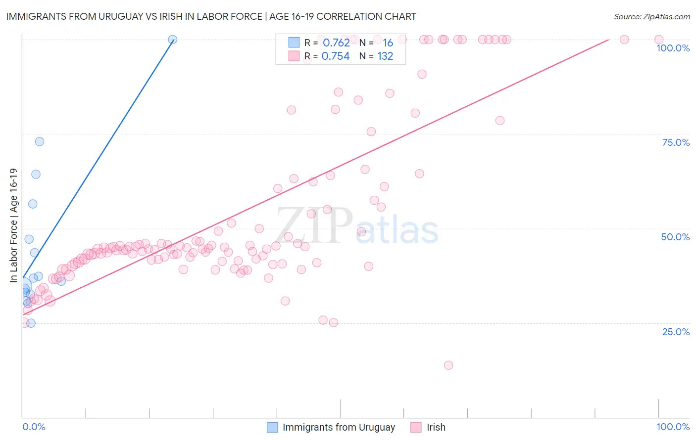 Immigrants from Uruguay vs Irish In Labor Force | Age 16-19