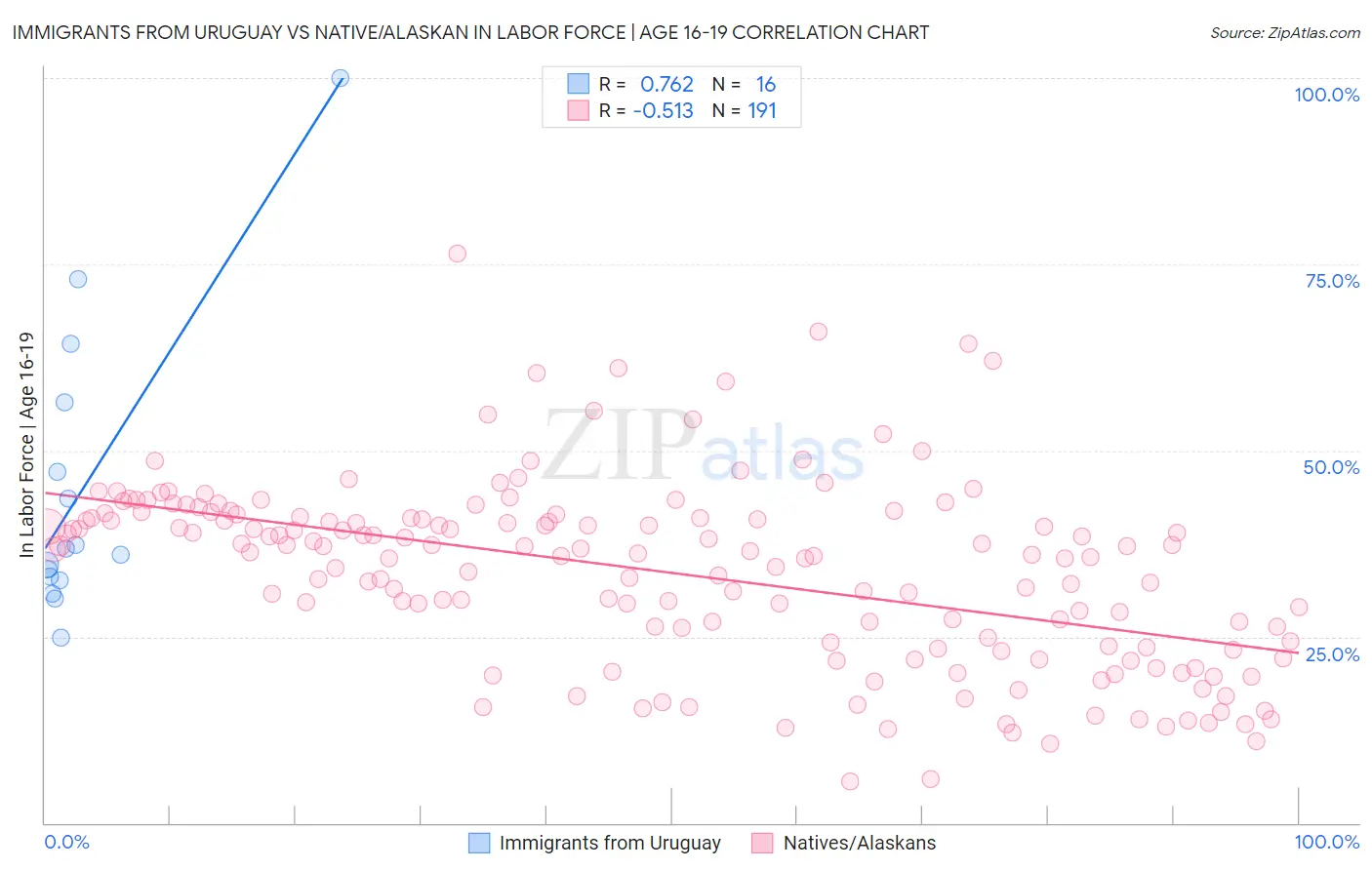 Immigrants from Uruguay vs Native/Alaskan In Labor Force | Age 16-19