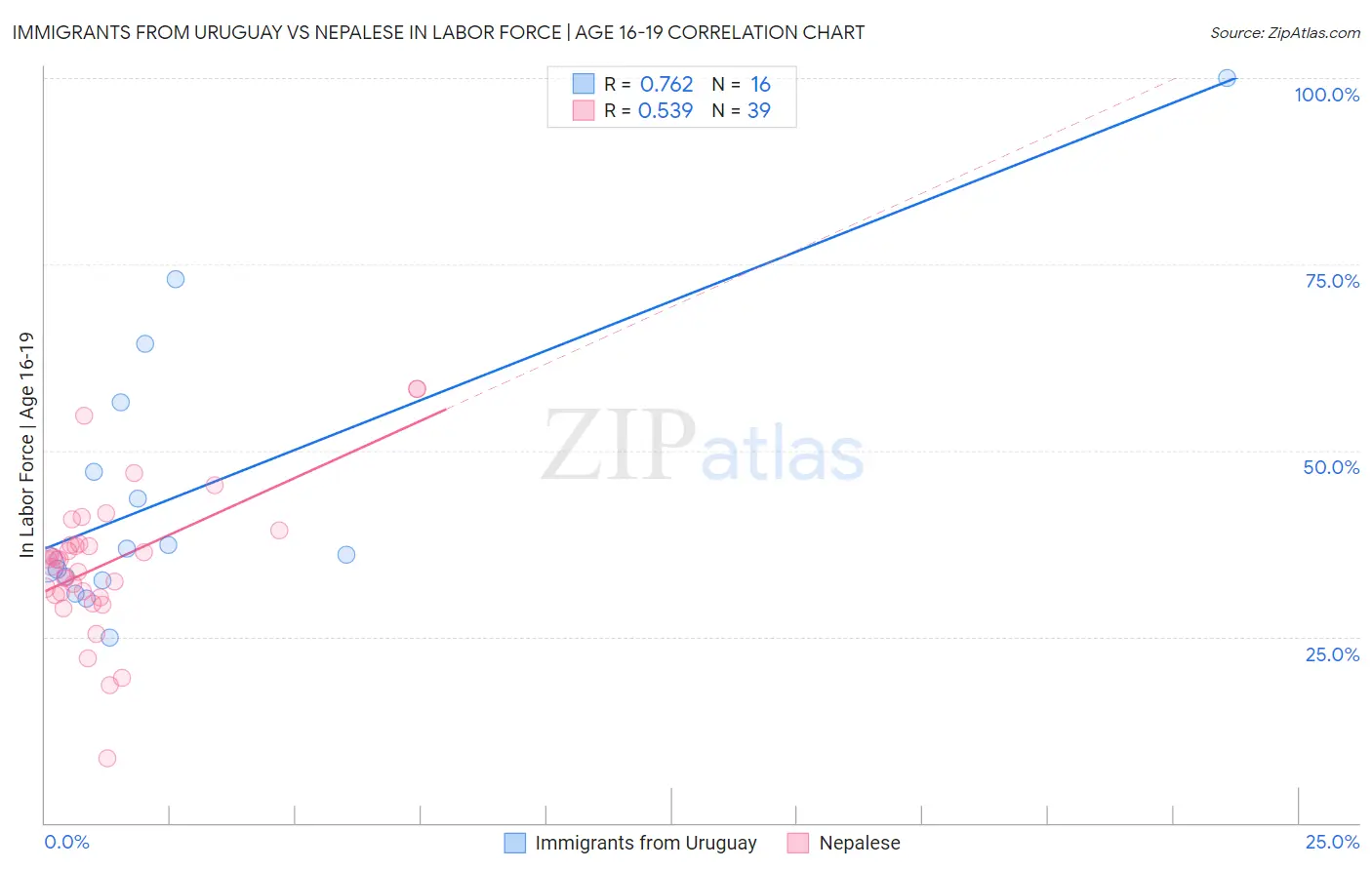 Immigrants from Uruguay vs Nepalese In Labor Force | Age 16-19
