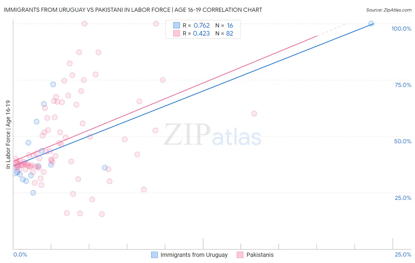Immigrants from Uruguay vs Pakistani In Labor Force | Age 16-19