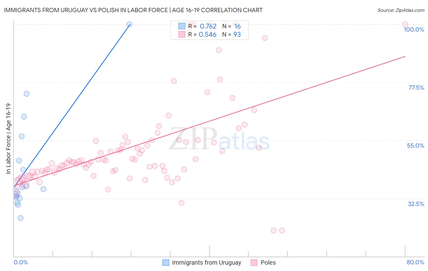 Immigrants from Uruguay vs Polish In Labor Force | Age 16-19