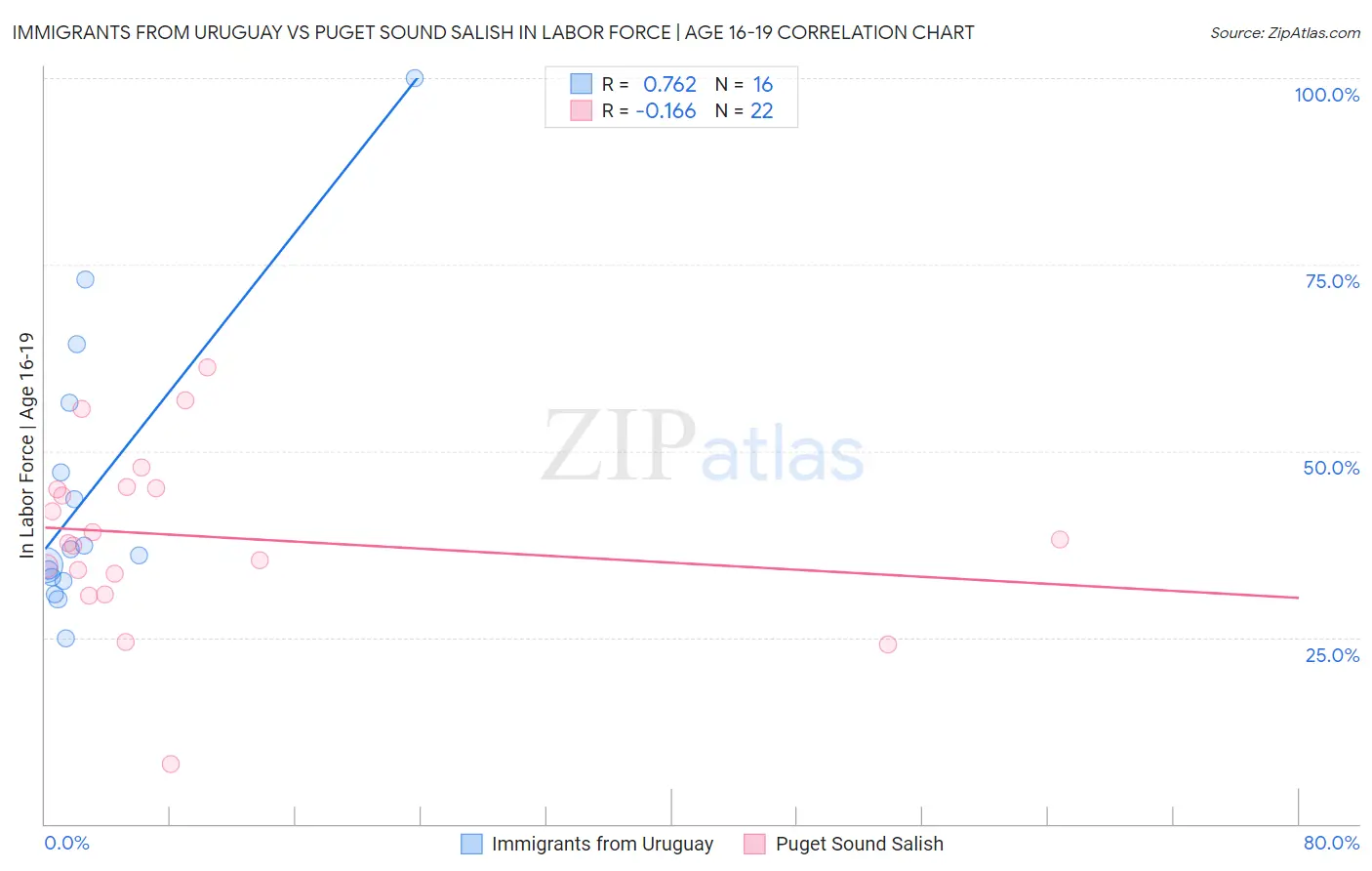 Immigrants from Uruguay vs Puget Sound Salish In Labor Force | Age 16-19