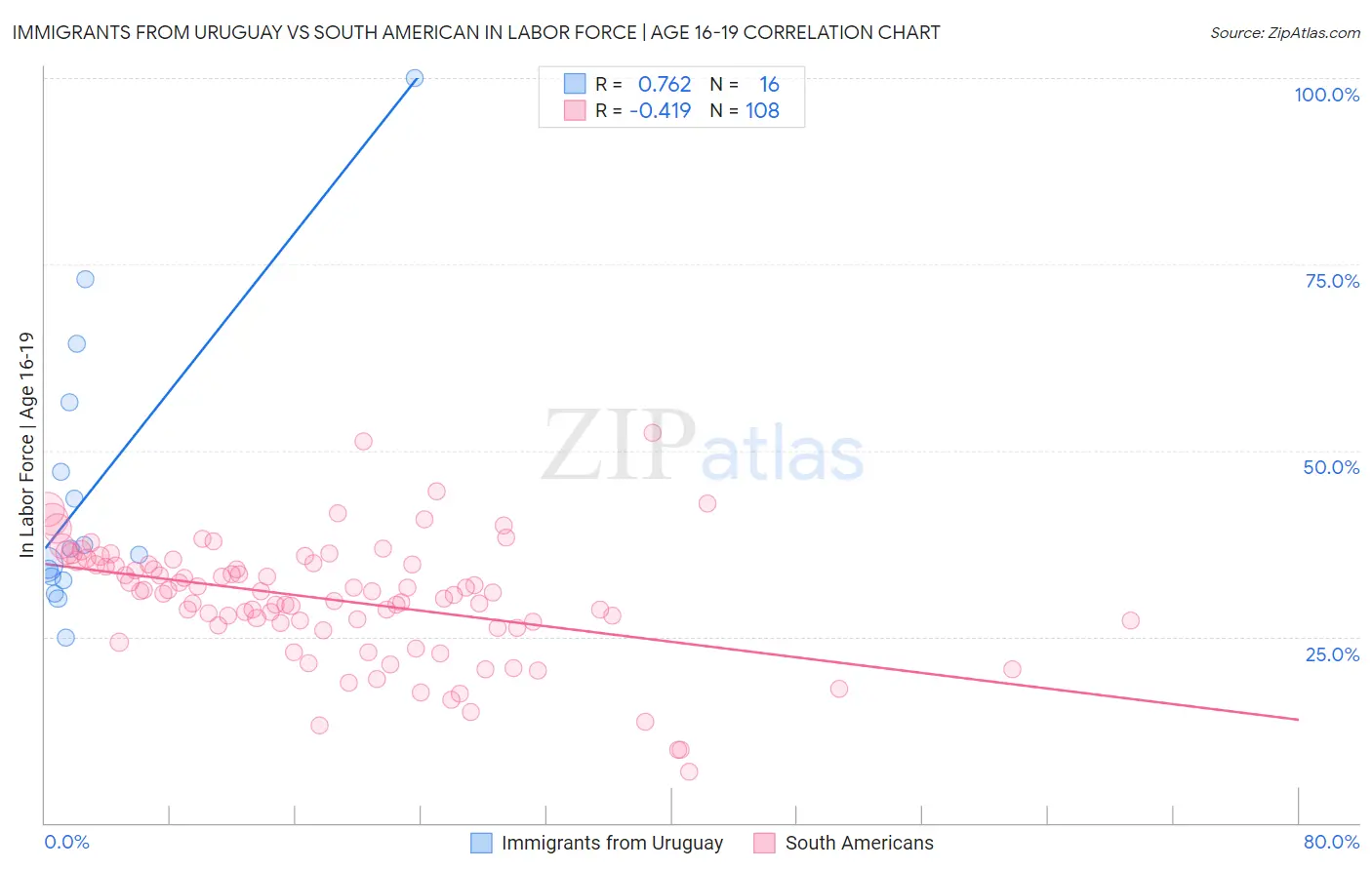 Immigrants from Uruguay vs South American In Labor Force | Age 16-19