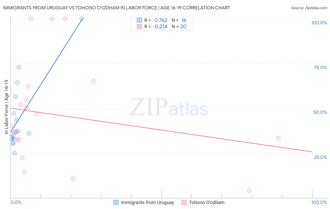 Immigrants from Uruguay vs Tohono O'odham In Labor Force | Age 16-19