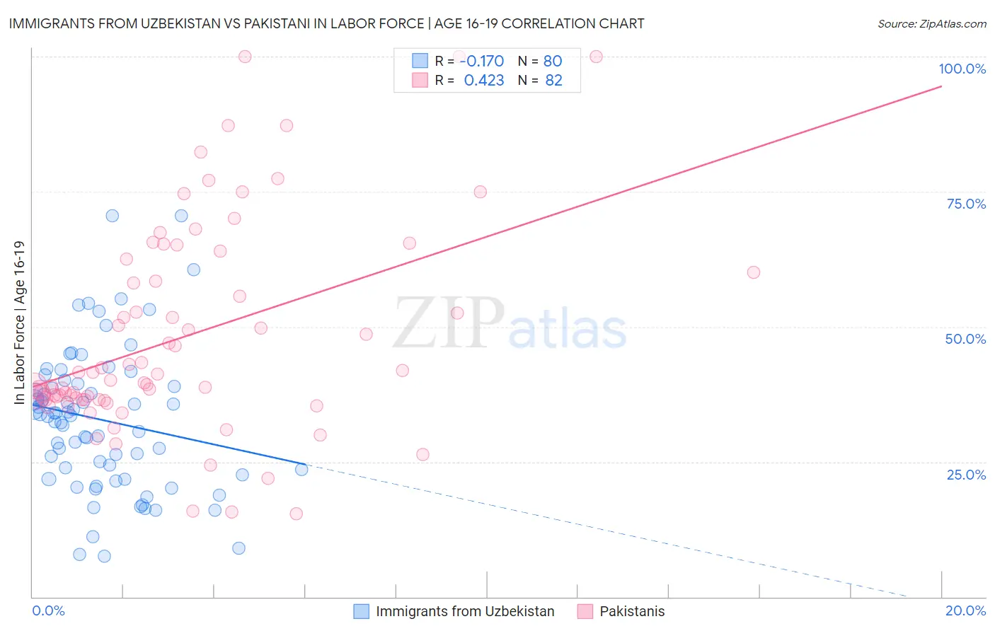 Immigrants from Uzbekistan vs Pakistani In Labor Force | Age 16-19