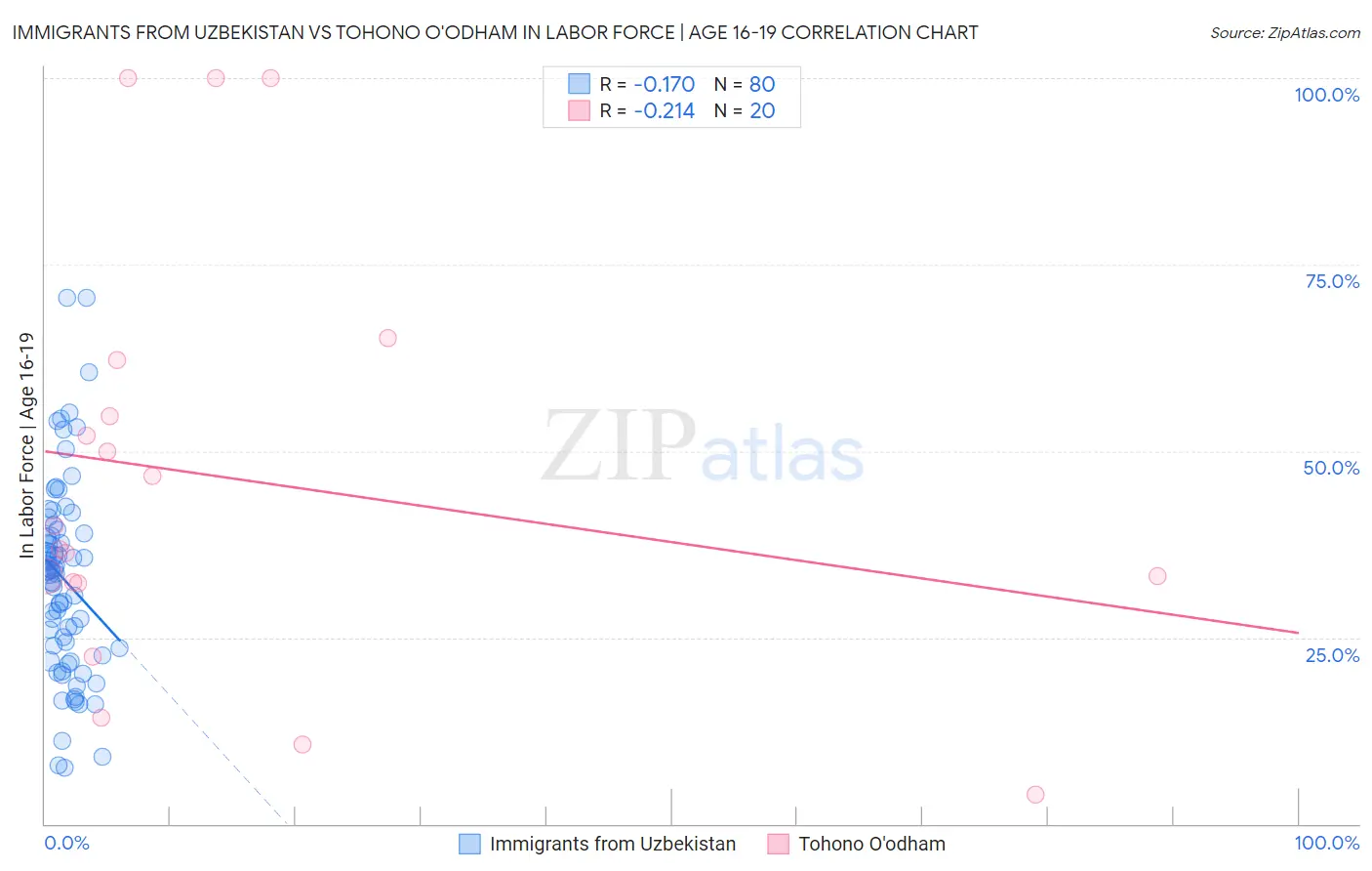 Immigrants from Uzbekistan vs Tohono O'odham In Labor Force | Age 16-19