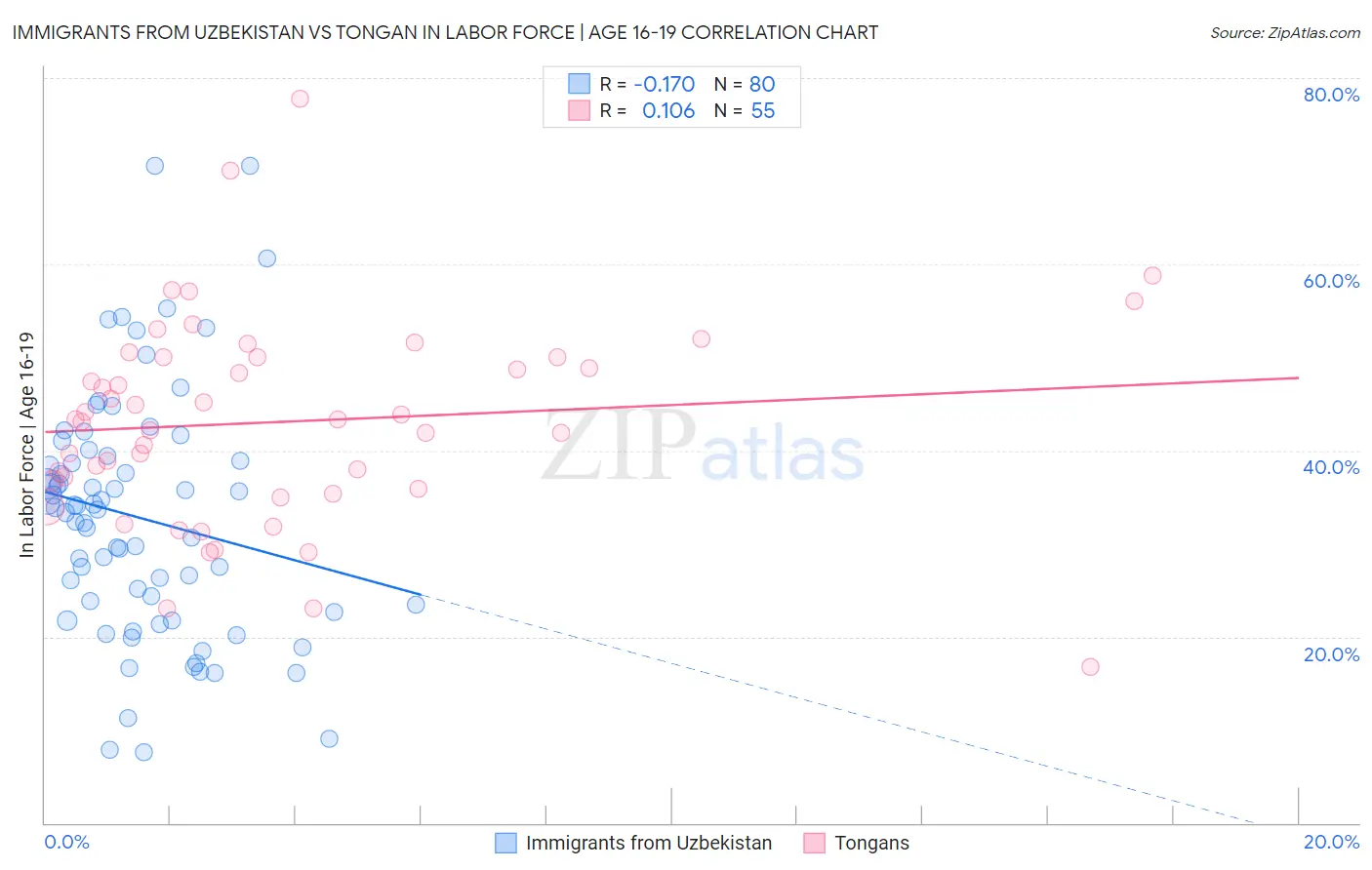 Immigrants from Uzbekistan vs Tongan In Labor Force | Age 16-19