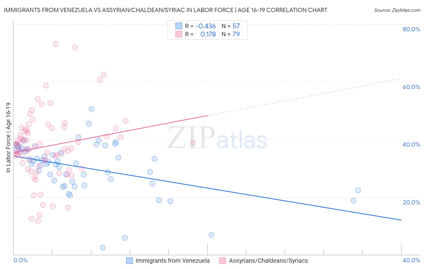 Immigrants from Venezuela vs Assyrian/Chaldean/Syriac In Labor Force | Age 16-19