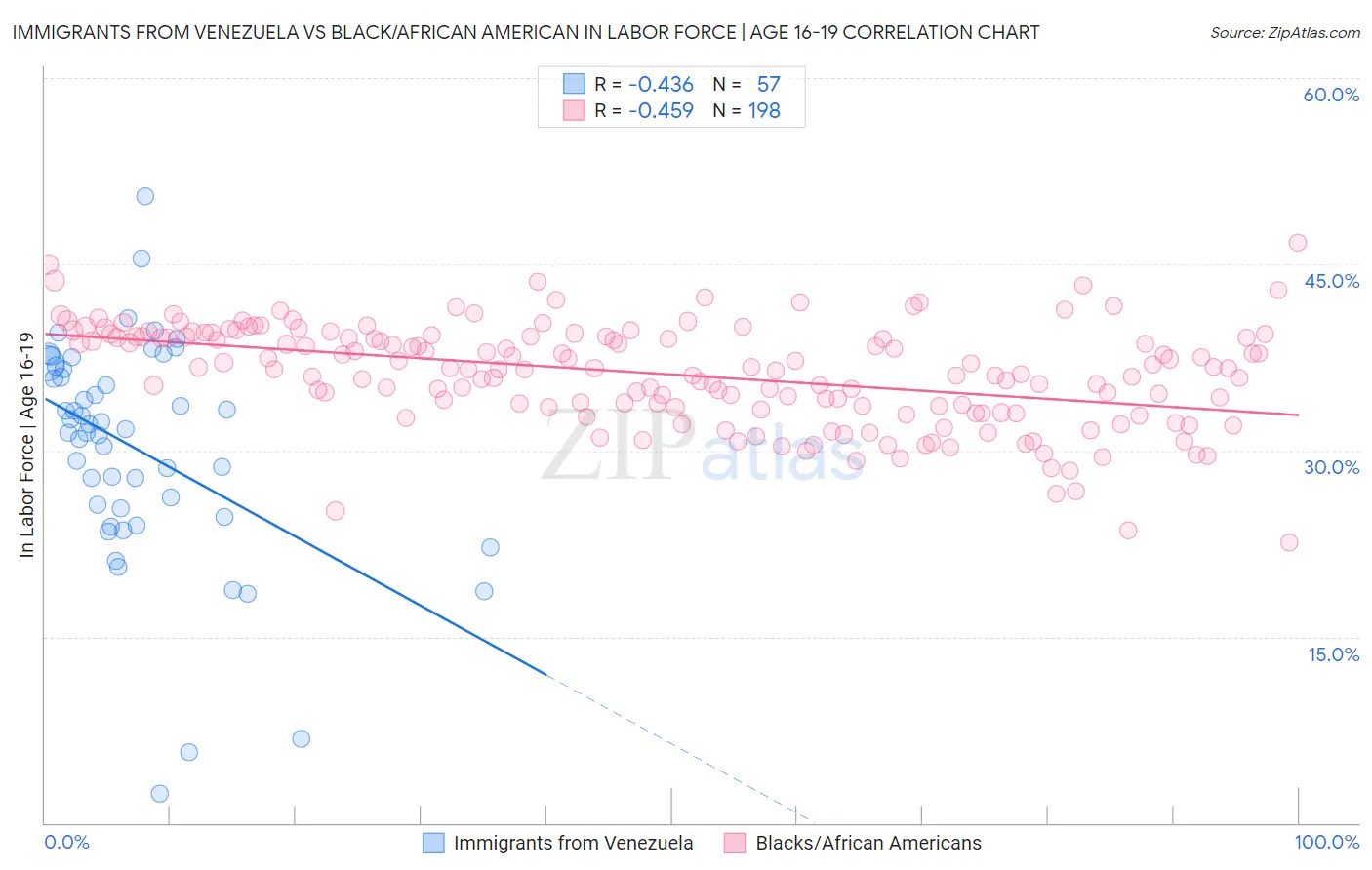 Immigrants from Venezuela vs Black/African American In Labor Force | Age 16-19