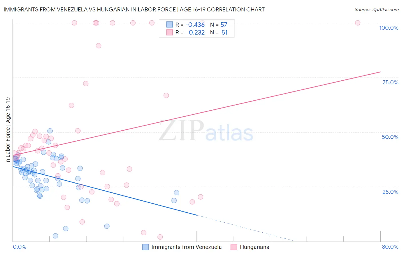 Immigrants from Venezuela vs Hungarian In Labor Force | Age 16-19