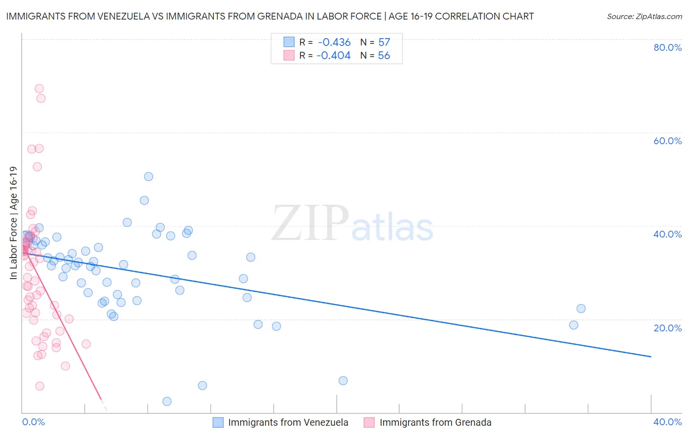 Immigrants from Venezuela vs Immigrants from Grenada In Labor Force | Age 16-19