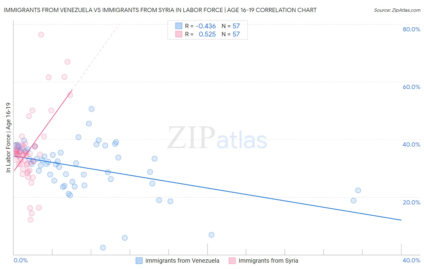 Immigrants from Venezuela vs Immigrants from Syria In Labor Force | Age 16-19