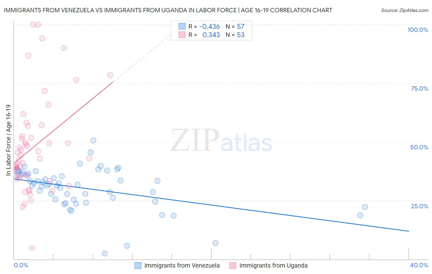 Immigrants from Venezuela vs Immigrants from Uganda In Labor Force | Age 16-19