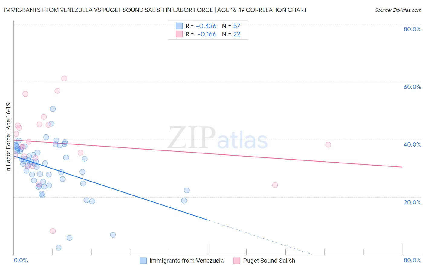 Immigrants from Venezuela vs Puget Sound Salish In Labor Force | Age 16-19