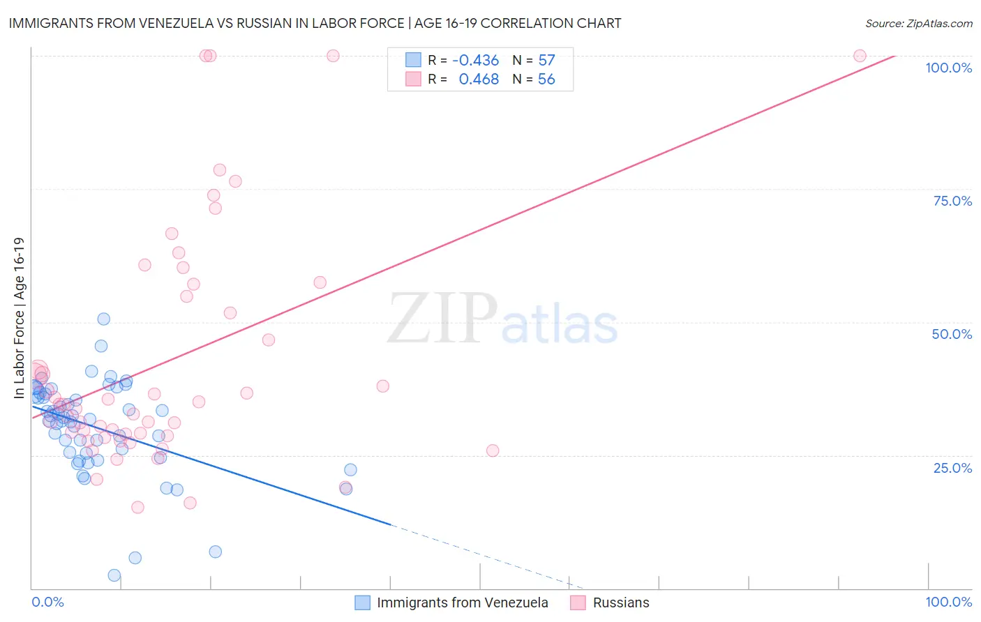 Immigrants from Venezuela vs Russian In Labor Force | Age 16-19