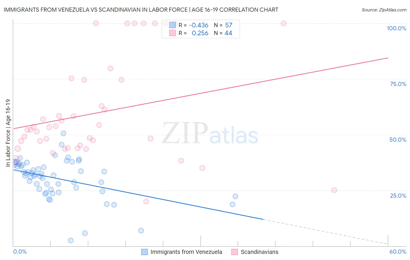 Immigrants from Venezuela vs Scandinavian In Labor Force | Age 16-19