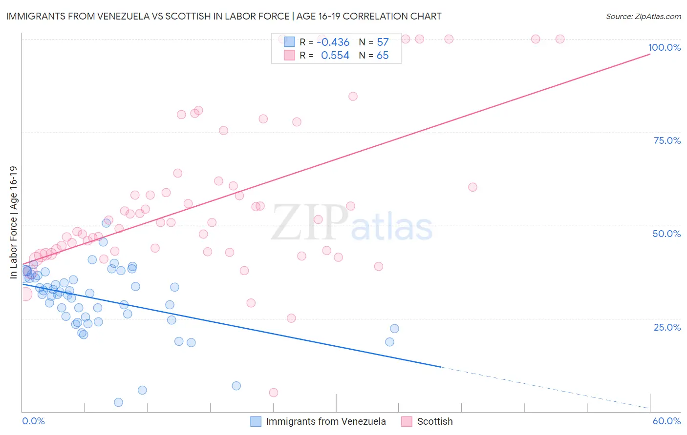 Immigrants from Venezuela vs Scottish In Labor Force | Age 16-19