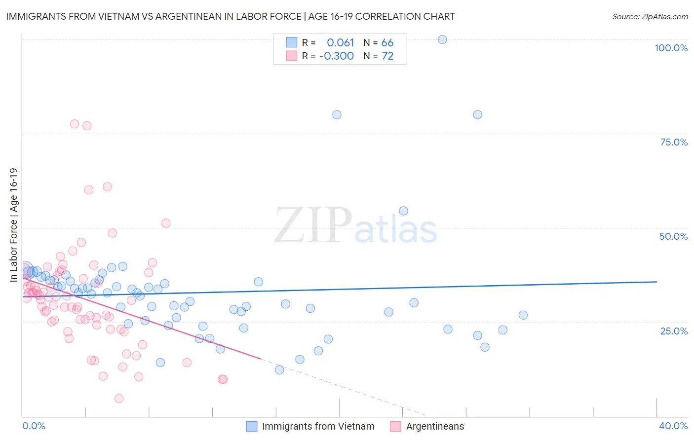 Immigrants from Vietnam vs Argentinean In Labor Force | Age 16-19
