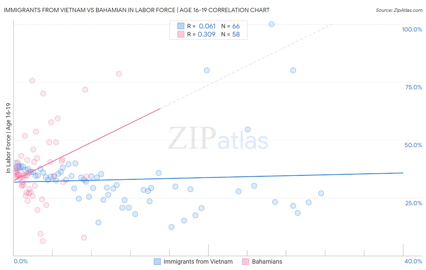 Immigrants from Vietnam vs Bahamian In Labor Force | Age 16-19