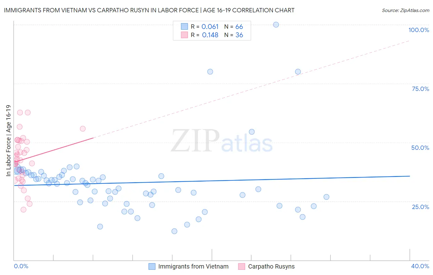 Immigrants from Vietnam vs Carpatho Rusyn In Labor Force | Age 16-19