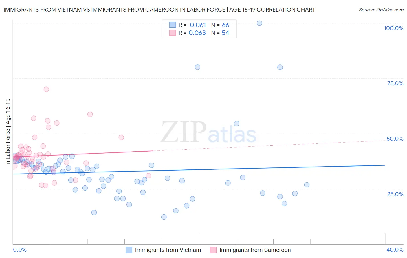 Immigrants from Vietnam vs Immigrants from Cameroon In Labor Force | Age 16-19