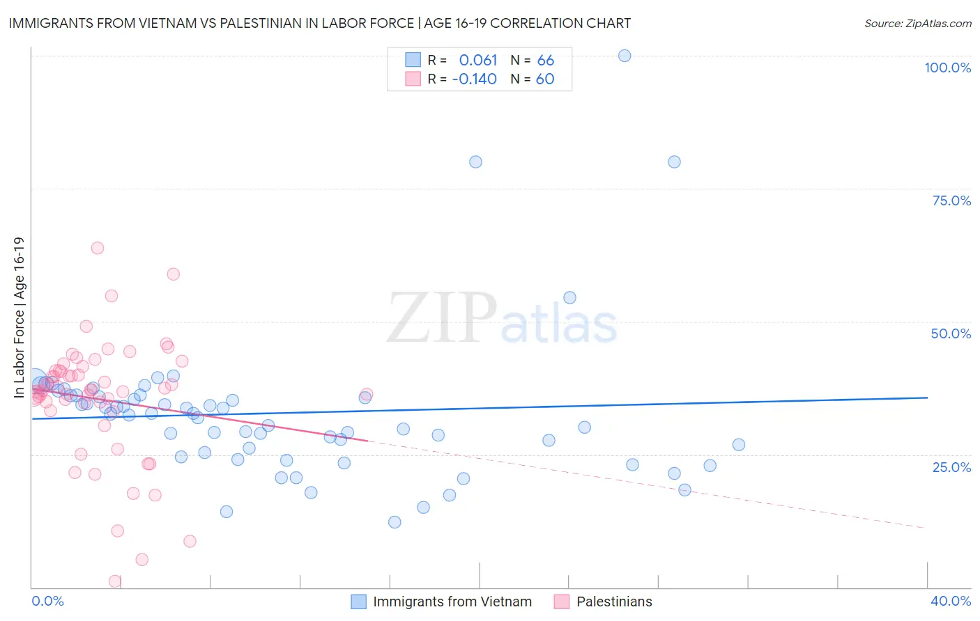 Immigrants from Vietnam vs Palestinian In Labor Force | Age 16-19