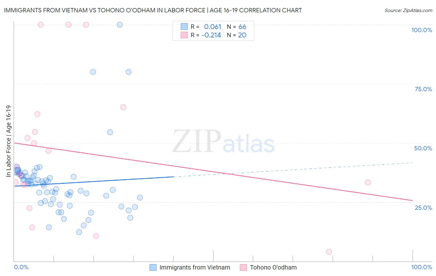 Immigrants from Vietnam vs Tohono O'odham In Labor Force | Age 16-19