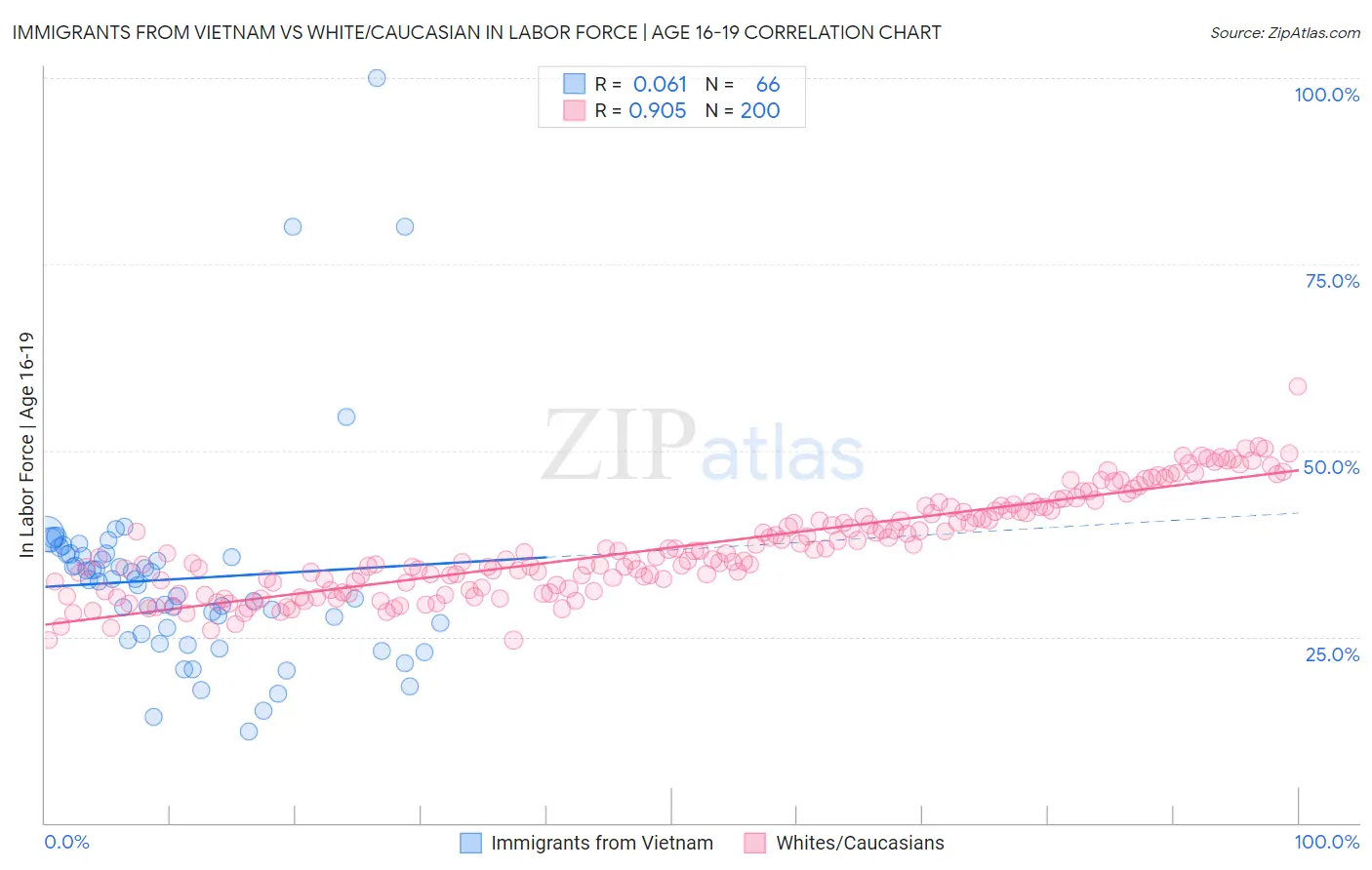Immigrants from Vietnam vs White/Caucasian In Labor Force | Age 16-19