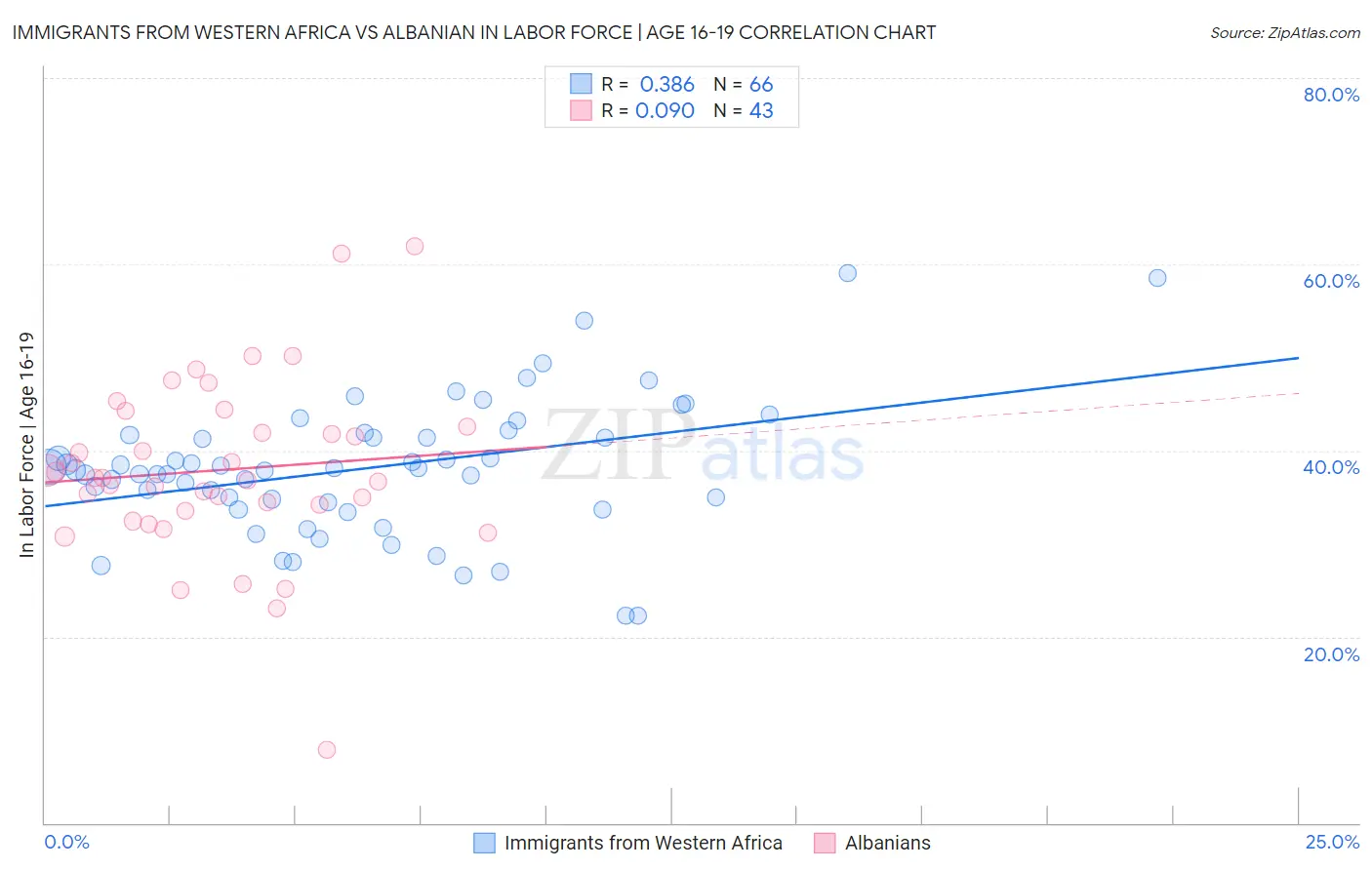 Immigrants from Western Africa vs Albanian In Labor Force | Age 16-19
