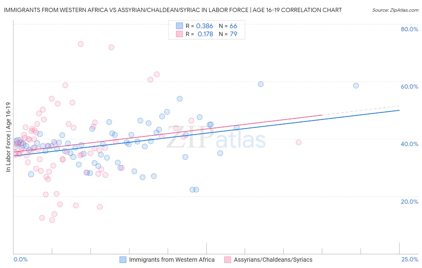 Immigrants from Western Africa vs Assyrian/Chaldean/Syriac In Labor Force | Age 16-19