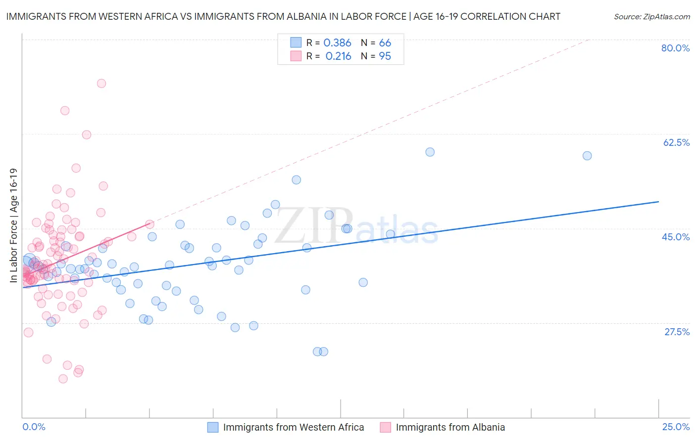 Immigrants from Western Africa vs Immigrants from Albania In Labor Force | Age 16-19