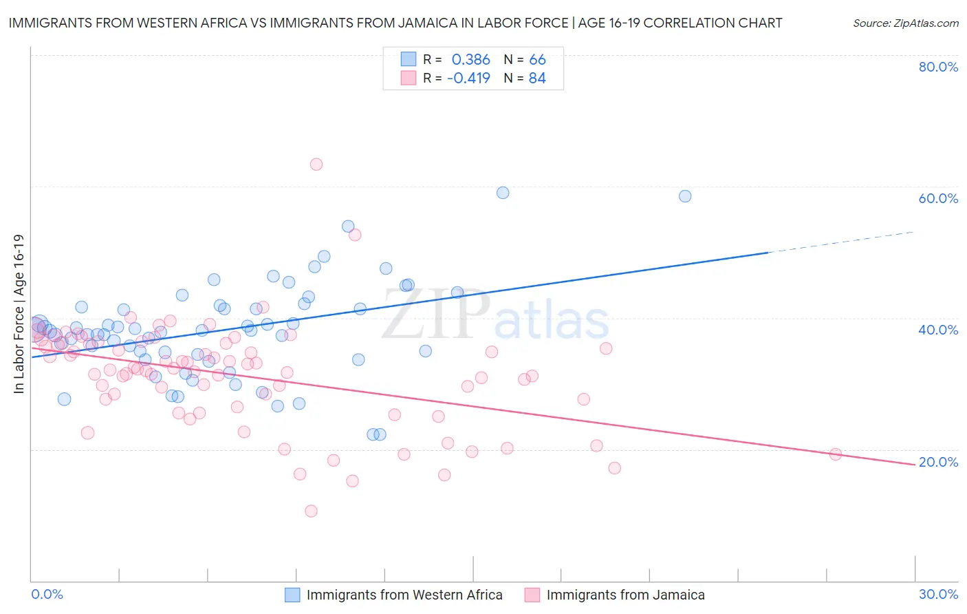 Immigrants from Western Africa vs Immigrants from Jamaica In Labor Force | Age 16-19